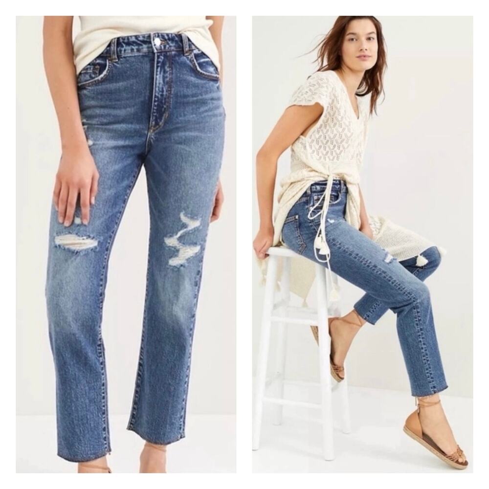 Pilcro The Vintage Distressed Straight Leg Jeans Size 25 High Rise Raw Ankle Hem